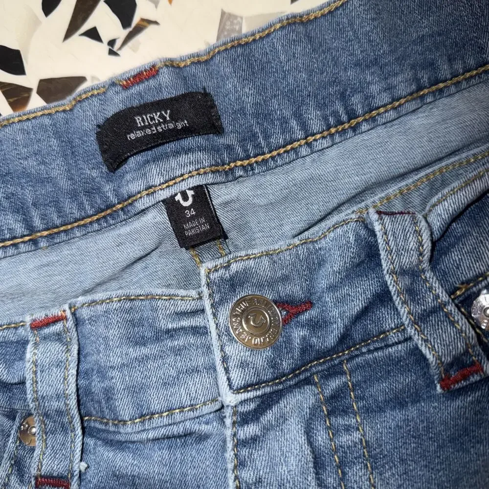 True Religion Men’s Blue Jeans Stretch Ricky Relaxed Straight‎ Size 34 Flap